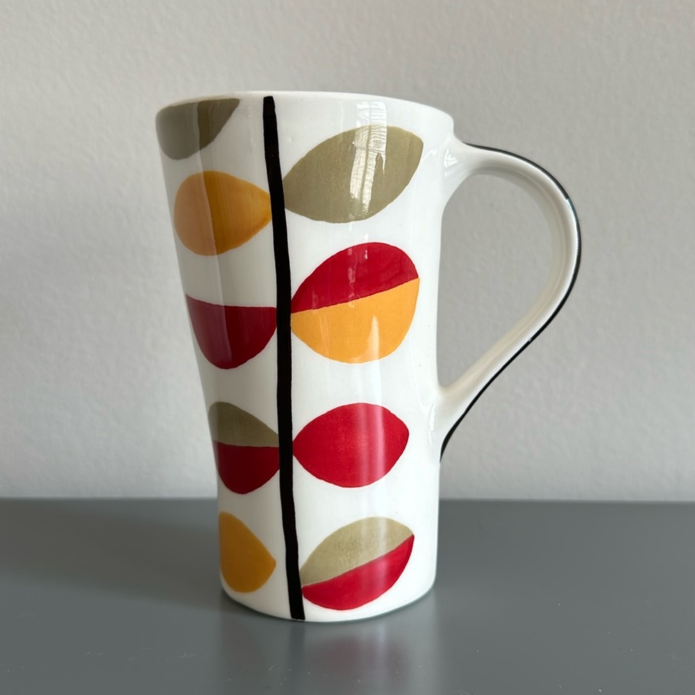 Pier 1 Tall Asymmetrical Abstract Red Yellow Olive Leaves Stoneware Cup Mug